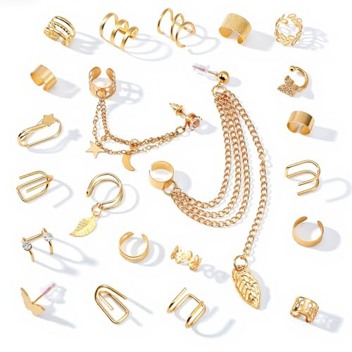 LXUEJIE Lot de 22 boucles d'oreilles pour femme - En or - Faux pircings - Réglables - Pour cartilage, hélix, cartilage