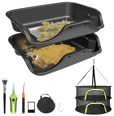Trim Bin Set, Trimming Tray mit austauschbarem 150 µm Pollensieb, Trimm-Schale, Gerade/Gebogene Kräuterschere, Doppelschicht-Trockennetz mit Haken & Aufbewahrungstasche, Antistatik-Bürste, Lupe