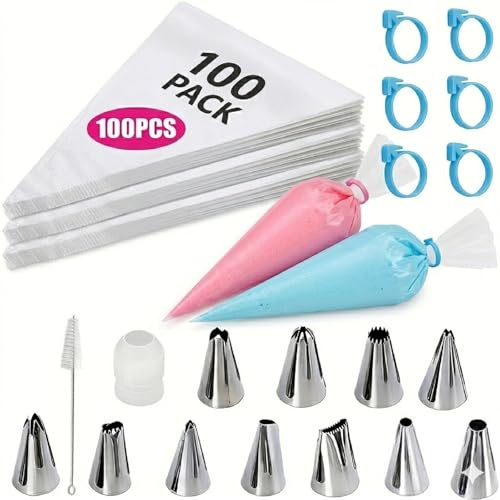 119pcs Piping Bags and Nozzles Set, Cakes Decorating Kit Supplies with 100 Pastry Bags, 11 Frosting Tips, 1 Couplers, 6 Bag Ties, 1 Cleaning Brush for Cookie Icing