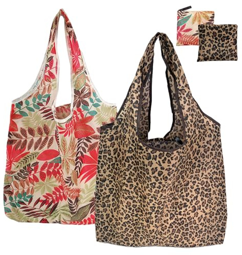 2pezzi Borse per la Spesa Pieghevoli,Borse per la Spesa Impermeabili,Grande Borsa Riutilizzabile,Borsas Della Spesas Capiente con Manici e Tracolla,(Stampa Leopardata,Stampa Foglie)