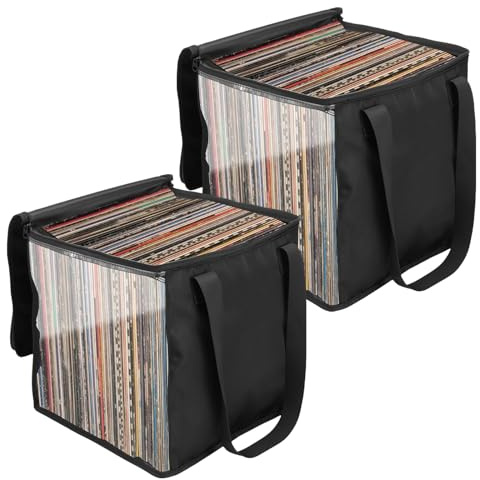BOBASH Vinyl Record Lot de 2 boîtes de rangement pour disques vinyles de 30,5 cm jusqu'à 90 disques avec poignée Noir