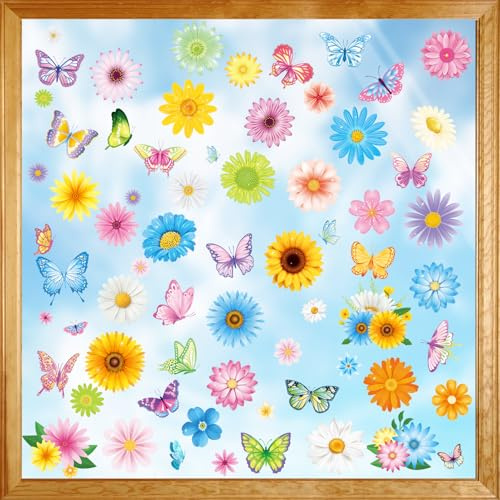 DPKOW Fensterbilder Frühling Selbstklebend, 9pcs Fenstersticker Frühling Fensteraufkleber Fensterfolie Blumen Schmetterlinge Fensterbilder Ostern, Frühlingsdeko Innen Osterdeko Fenster, Doppelseitig