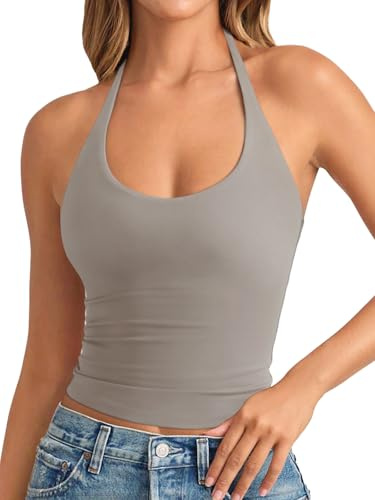 REORIA Women's Tie Halter Tank Tops Basic Scoop Neck Backless Double Lined Going Out Outfits Cute Summer Trendy Sleeveless Shirts Light Gray