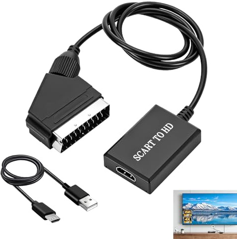 Convertidor SCART a HDMI 1080P, Adaptador Euroconector a HDMI Audio Video con Cable SCART y Alimentación USB, Conversor Analógico a Digital Compatible con DVD VCR BLU-Ray TV Proyector Monitor
