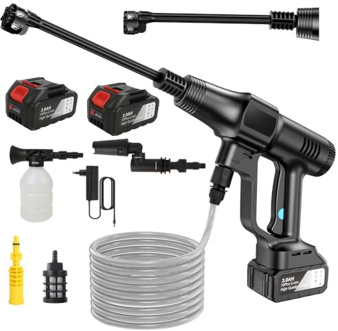 Nettoyeur Haute Pression sans Fil, 21V Max 200 Bar Nettoyeur Haute Pression sur Batterie 6,0Ah, Press & Clean Pistolet de Lavage avec écran LCD de Puissance et 3 Vitesses (Noir)