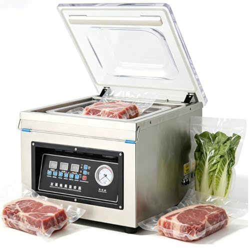 Máquina selladora al vacío, cámara de 370 W, sistema compacto de conservación de alimentos de un solo toque para artículos secos y húmedos, ideal para embalaje y almacenamiento de carne