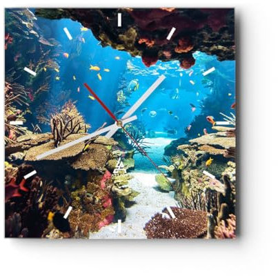 Modern Wanduhr Ozean Riff Fische Koralle 30x30cm Quadrat Klein Wand Uhr Glas Analog Zimmeruhren Küche Büro Wohnzimmer Glasuhr Wall Clock Dekoration Design Wanddekoration Küchenuhr C3AC30x30-2872