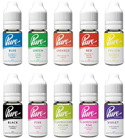 Melt & Pour Soap Dye Pack Three - 10 x 10ml Bottles Blue, Green, Orange, Red, Yellow, Black, Pink, Fluorescent Yellow, Fluorescent Pink, Violet. Water Based Dyes
