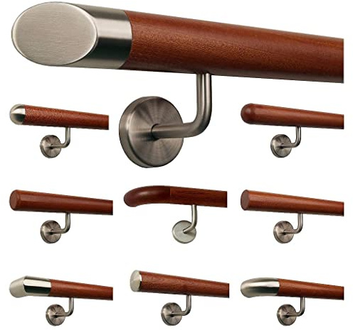 TIBU - Corrimano in legno di mogano, corrimano per scale con supporti angolari in acciaio inox, lunghezza 30-500 cm in un unico pezzo, lunghezza 80 cm con 2 supporti - Estremità angolate con terminale