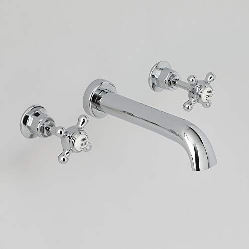 Milano Elizabeth Wall Mounted 3 Tap-Hole Basin Mixer Tap Crosshead Handle - Chrome White