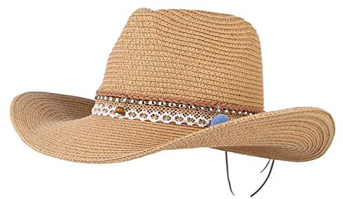 Sonnenhut Damen Strohhut Faltbar Sommer Hut Breite krempe Strandhut Cowboyhut (Braun)