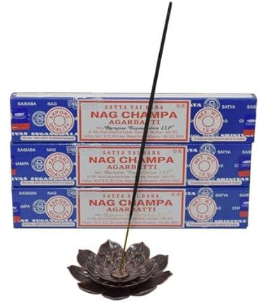 Starterset: 3X Nag Champa Räucherstäbchen Satya + hochwertigen Messing Räucherstäbchenhalter
