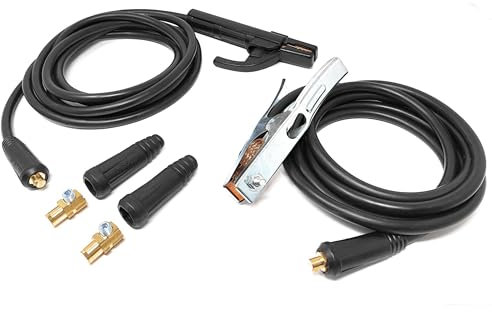 ELCAN Pinza portaelectrodos y pinza de masa de 300A profesional con 4 y 3 metros de cable de cobre de 16mm2 con conectores 10-25 instalados y 2 conectores 35-50 extra