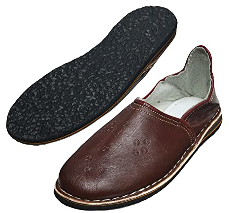 Marockanska babes eller sneakers Unisex äkta läder och gummisula - Bekväm och robust att bära inomhus eller utanför hemmet, Brun, 43 EU