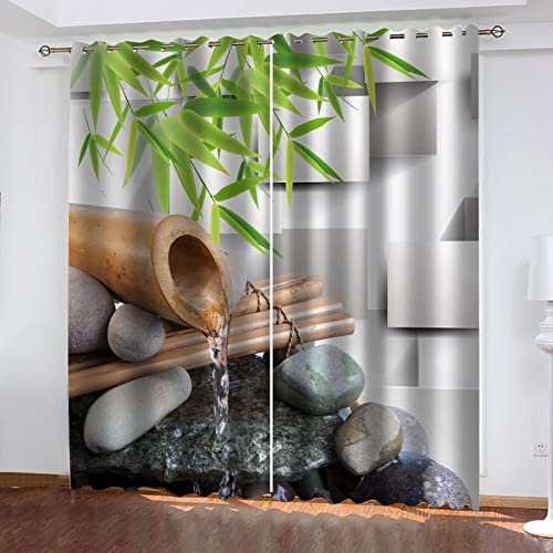 BKTTDS Rideau Occultant Thermiques - 3D Feuille De Bambou Zen, Eau Qui Coule Motif Rideau Chambre Enfant Moderne Rideaux À Oeillets Décoration De Fenêtre pour Salon Cuisine Bébé 140X160cm(LxH) 2 Pann