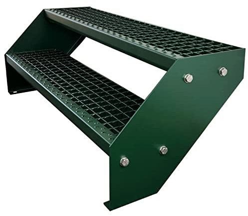 Premium Caillebotis acier Escalier à limon 2 Marches Entièrement galvanisé et Vert Revêtu par poudre - Dimensions (L x l x H) 44cm x 80cm x 38cm