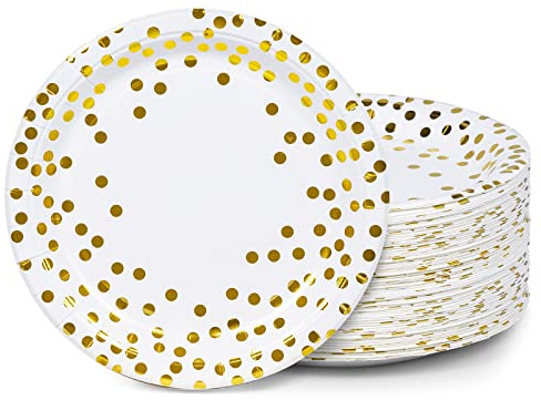MATICAN Confezione da 100 piatti usa e getta bianchi e oro per feste, 22,9 cm con pois in lamina