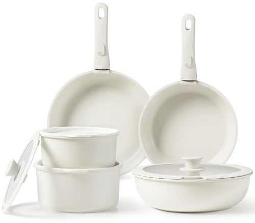 CAROTE Pots and Pans Set, Nonstick Cookware Sets Detachable Handle,Induction Kitchen Set Non Stick with Removable Handle, RV Set, Oven Safe, Cream White