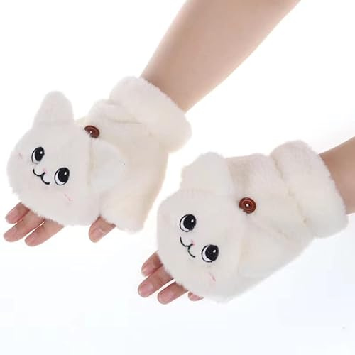 Mitaines Sans Doigts Femme, Gants d'Hiver Fille, Motif Chat Convertible Thermique, Demi-Doigt Avec Couvercle Moufles Rabattable, Pour Ski Patinage Travail Cyclisme Randonné Cadeau