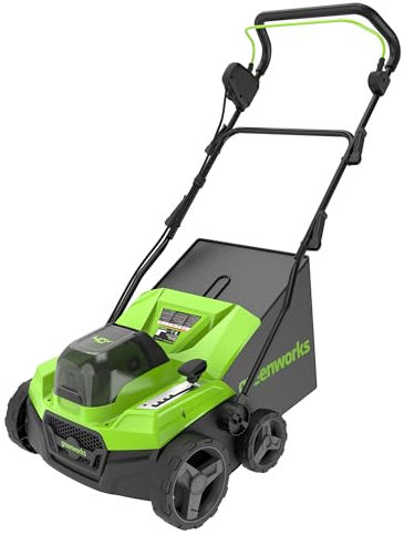 Greenworks 40V Cordless Lawn Scarifier Aerator and Lawn Rake with Brushless Motor, 3100 rpm, 38cm Working Width, 5 Depths, 45L Collection Box WITHOUT Battery & Charger GD40SC38II