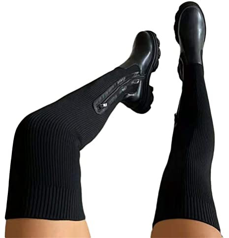ticticlily Overknees Stiefel Damen Lange Stiefel Reißverschluss Langschaftstiefel Strick Warme Kniehoch Stiefel A Schwarz 43 EU