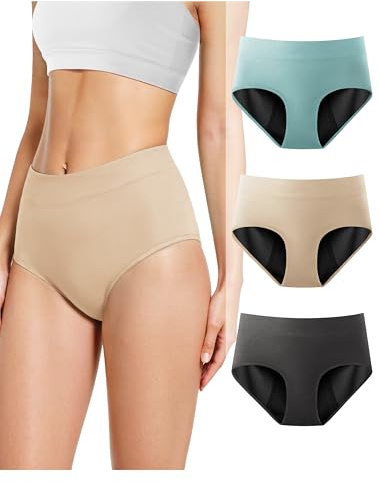TIICHOO Incontinence Underwear for Women Washable Protective Briefs 3 Pack(Large, Dark Grey/Turquoise Green/Beige)
