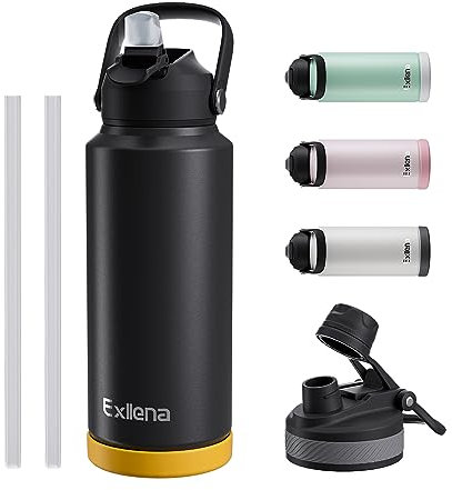 Exllena Edelstahl Trinkflasche, 1L Isolierte Wasserflasche mit Strohhalm, Thermosflasche mit 2 Deckeln für Sport, Fitness, Outdoor und Freizeit, Auslaufsicher und BPA Frei (Schwarz)