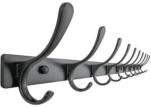 SKOLOO Perchero montado en la pared – 10 ganchos, resistente, acero inoxidable, colgador de pared de metal, ganchos de pared resistentes para colgar abrigos, chaquetas, ropa, sombreros, color negro
