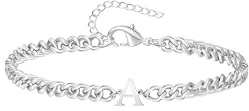 TOLOWOBK Mens Silver Bracelets Initial Bracelet Gifts for Men Boys Stainless Steel Cuban Link Bracelet with A to Z Letter Bracelets Valentines Birthday Gifts for Dad Husband Boyfriend Son Brother