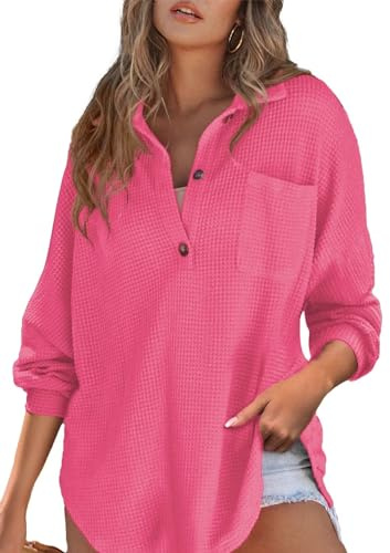 Astylish Women V Neck Waffle Knit Button Henley Tops Flattering Casual Soft Long Sleeve Pullover Blouses Rose Red Medium