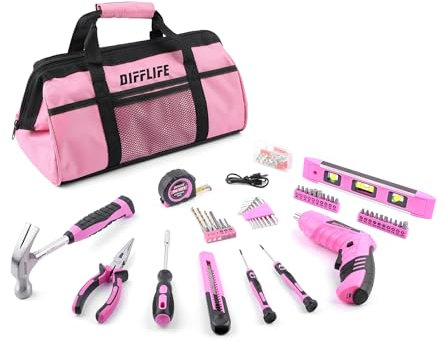 DIFFLIFE Pinke Werkzeugsets für Frauen, 126-teiliges Werkzeug-Set für Damen, Reparaturwerkzeug-Set mit 33 cm breiter Öffnung, offene Aufbewahrungstasche mit Werkzeug