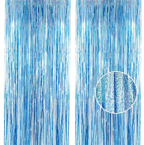 YAAVAAW 2 Stück Lametta Vorhang Hellblaue Party Deko 1m x 2.5m Luftschlangen Metallische Folie Fransen Glitzervorhang Geburtstags Hochzeit Fotohintergrund Festivals Disco Bühnen Decoration