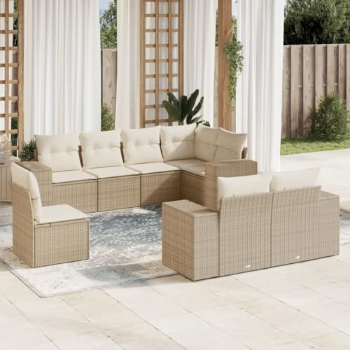 Rantry 8-TLG. Gartenmöbel Set mit Kissen Gartensofa Balkonmöbel Gartenlounge Loungesofa Modular Rattansofa Ecksofa Ecklounge Sofagarnitur Sitzgruppe Loungemöbel Beige Poly Rattan