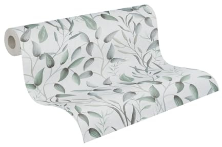 A.S. Création Ranken-Vliestapete – Grün, Weiß, Grau – 0,53 x 10,05 m | Florales Ranken-Motiv als natürlicher Blickfang – matte Motivtapete, einfach zu verkleben & spurlos abziehbar