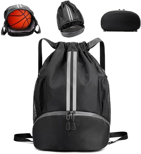 Sport Rucksäcke,MXTIMWAN Turnbeutel für Jungen Kinder Damen Herren,Große Kapazität Kordelzug Sporttasche,Sportrucksack mit Schuhfach,Turnbeutel Herren,Turntasche mit Wasserflaschen-Netztaschen,schwarz
