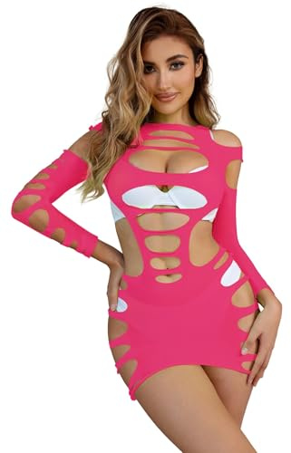 comeondear Dessous Damen Sexy Netzkleid Babydoll Dessous Große Größen Neon Netzoberteil Erotische Unterwäsche Bodystocking Fischnetz Minikleid Partykleid Catsuit Netzbody für Mollige Frauen Rosa,L-XXL