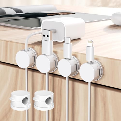 Clips de soporte de cable magnético con base giratoria, Soporte de cable con función de cierre magnético, Gestión de cables de escritorio autoadhesiva para cable de carga USB (Blanco 6 Pack)