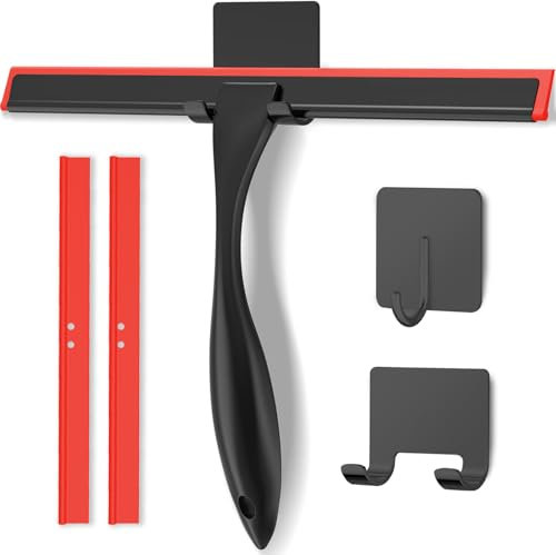 SSTOOHL Raclette de douche en acier inoxydable de 25 cm avec crochet auto-adhésif et lame de rechange - Noir - Pour salle de bain - Poignée courte - Raclette à eau en verre - Raclette de douche