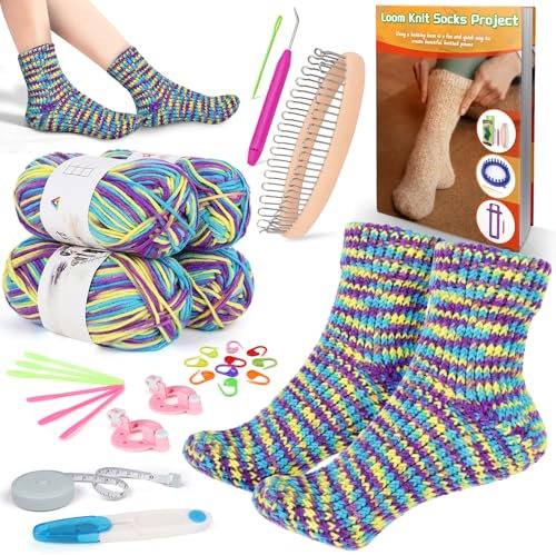 Coopay Sockenwebstuhl-Strickset für Anfänger, Strickwebstuhl-Set mit 4 Garn, leicht verständliche Anleitung, Socken lernen für Erwachsene mit Sockenwebstuhl, fantastische DIY-Geschenke, Strickmütze,