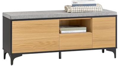 SoBuy Schuhbank mit 2 Klappen und 1 Schubladen Sitzbank Schuhkommode Schuhablage Natur BHT ca. 110x44x35cm FSR175-N
