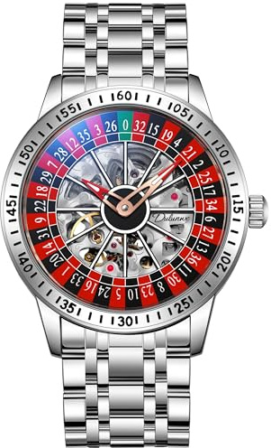 MASTOP Roulette Wheel Mechanische Automatikuhr für Herren mit drehbarem Zifferblatt und hohlem Skelett, Edelstahl, wasserdicht