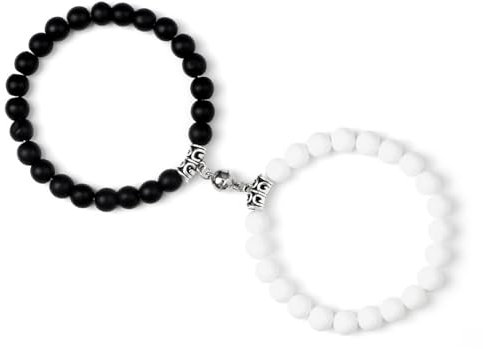 Dsnyu Matching Bracelets Couple, Perlenarmband Stein Partnerarmbänder Matter Stein und Weißer Stein Runden Geburtstag Modeschmuck Elastisch 2 Stück