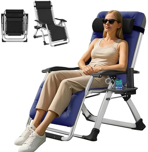 ZIKEBTUY Klappstühle Sonnenliege Belastbar bis 200 kg Garten Zero Gravity Chair Gartenstuhl Klappbar Relaxliege Einstellbarer Winkel Gartenliege mit Matratze, Kissen und Seitentasche (1, Blau)