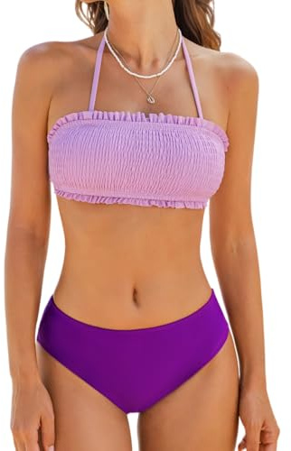 CUPSHE Conjunto de bikini para mujer, traje de baño de dos piezas, parte superior bandeau, lazo en la espalda, cintura media, parte inferior con correas de hombro extraíbles, Lavanda/morado oscuro, M