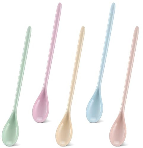 JEYORZY 5 Pcs Plastik Löffel, Lang Eierlöffel Kunststoff Kaffeelöffel Plastik Anti Tropfen Langer Griff Löffel Imitation Porzellan Geschirr Für Wohnküche Kaffee Getränke Eier Eis