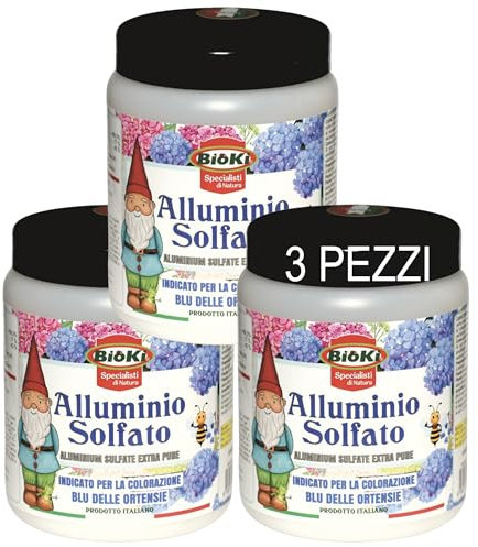 Bioki Alluminio Solfato per i fiori delle Ortensie Blu, Acidificante per Terreno, Set da 3 Pezzi per un totale di 1,5 Kg (3 barattoli)