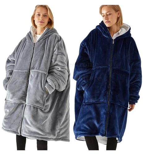 AHIOJEGX Decke mit Ärmeln Tragbare Hoodie-Decke, übergroßes Decken-Sweatshirt for Erwachsene, Damen und Herren, Decken-Sweatshirt mit Ärmeltasche und Reißverschluss(Light Grey)