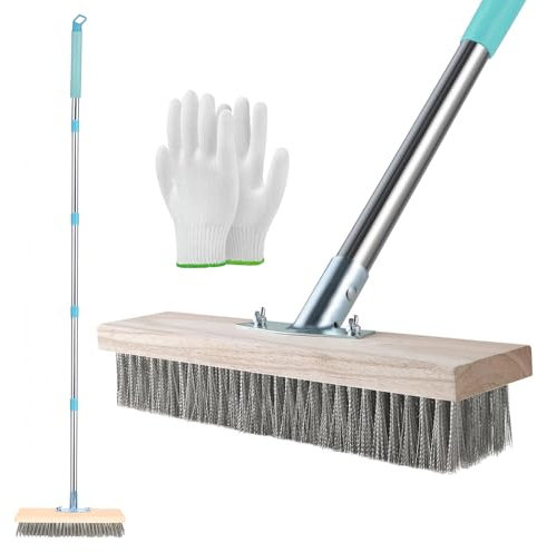 Balai en fil d'acier inoxydable robuste, 5 sections extensibles à long manche (180,3 cm), brosse à récurer pour terrasse, poils métalliques rigides pour enlever la mousse, nettoyer les joints de