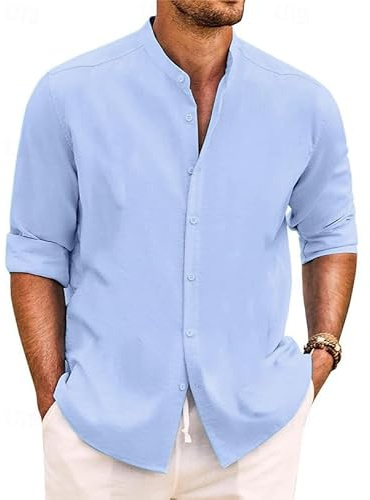 Yageshark Camisa de lino para hombre, camisa de manga larga, camisa de verano, con botones, cuello alto, camisa de ocio, informal, corte regular, camisa de playa, camisa de lino, azul claro, XL