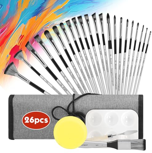 Acryl Pinsel Set: 26-stückiges Nylon Pinselset für Kinder Erwachsene und Anfänger professionelle Künstlerserie mit schräg rund flach und faecherpinsel für Acryl Gouache Öl- und Aquarell